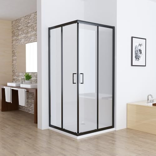 MIQU Duschkabine Eckeinstieg 100x100 cm Duschwand mit Doppel Schiebetür Schwarz Rollen, 5mm ESG Sicherheitsglas, Schiebetüren Glas komplett Dusche Silber Duschabtrennung Höhe 185cm, ohne Duschwanne
