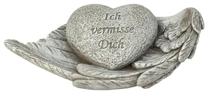 Mel-O-Design GmbH Grabherz auf Flügel Dekorative Grabdekoration, Herz mit 'Ich vermisse Dich' Inschrift auf Engelsflügel, Grauer Stein-Look