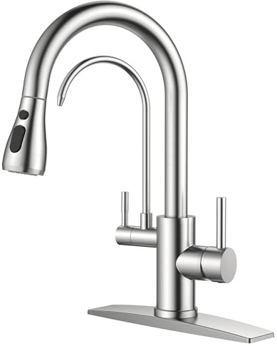 FORIOUS Kitchen Faucets with Water Filter, 2 in 1 Stainless Steel Pull Down Sink Faucet and Purified Water Faucet Rustic High Arc Single Handle with Detachable Deck for 1 or 3 Hole, Brushed Nickel
