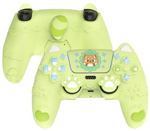 PlayVital Cute Spring Lesser Panda Silicone Cover for ps5 Controller with Joystick Cap and Sticker, Anti-Grip Shockproof Skin, Compatible with Charging Station, Eustoma Green