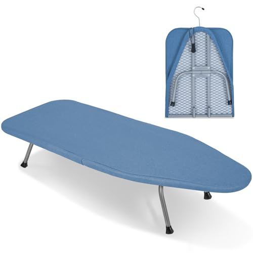 OUUTMEE Tabletop Ironing Board - Foldable Ironing Board with Cotton Cover, Portable Mini Iron Table for Countertops, Small Spaces, Home Use, 81 x 32CM(Blue)