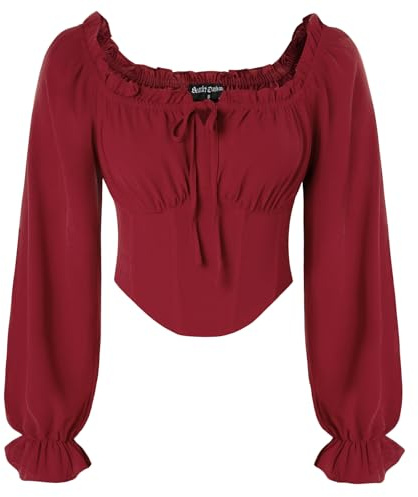 Skarlet mörker damer korsett topp långärmad korsett topp avslappnad midja renässans bustier, Vinröd, M