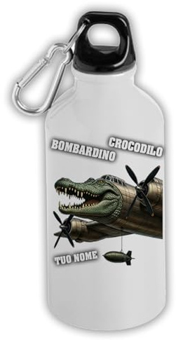 MOCHEIA SHOP Borraccia Termica Bombardino Crocodilo brainrot, 500 ml, Personalizzabile con Nome, Alluminio con Moschettone