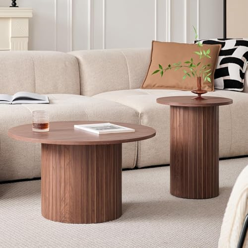 BenyLed Juego 2 Mesas de Centro Redondas Apilables, Madera Oscura | Tablero MDF con Textura de Madera Natural, Fácil Limpieza, Base Cilíndrica Estable, Para Salón, Dormitorio y Cafetería