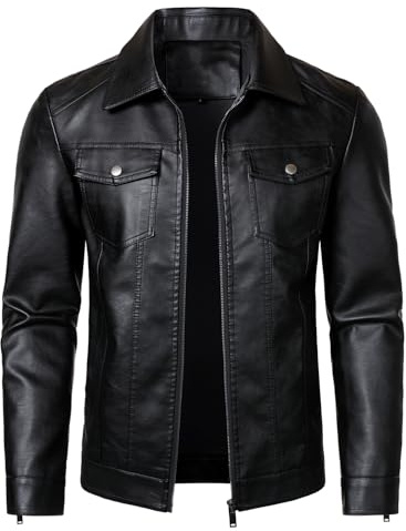 HOOD CREW Men's Motorcycle Biker Jacket- Lightweight Faux Leather Jacket for Casual Wear | Classic Collar, Multiple Pockets