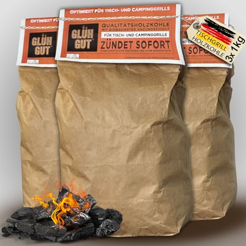 Glühgut Tischgrill-Holzkohle 1kg x3 (3 KG) – Premium Holzkohle mit Anzündbeschichtung – Tischgrillkohle, raucharm & sofort grillbereit – ideal für Lotus Grill, Balkon & Camping