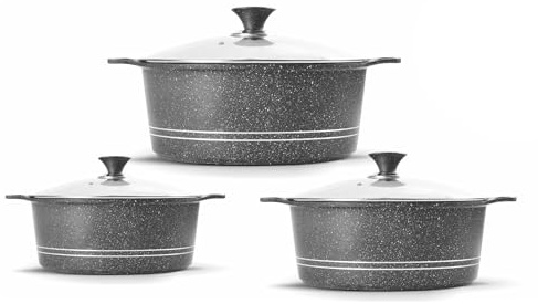GRACE KITCHEN Cookware - 3Pc Die Cast Aluminium Non Stick Casserole Pots with Lids – Induction Stockpot Set for All Hobs – Tempered Glass Lids with Steam Vent