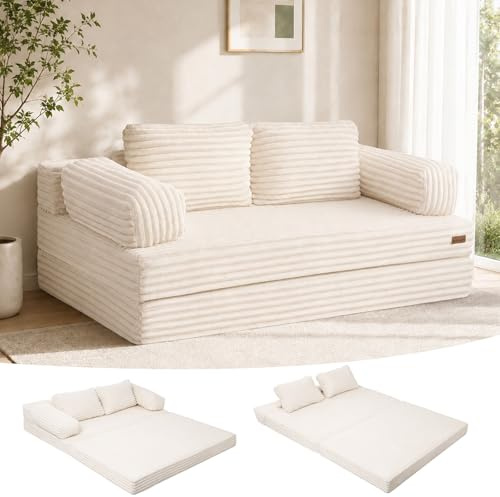 MeMoreCool Cord Schlafsofa Klappbares Bodensofa 3-in-1 mit Kissen Beige | Bequemes Schlafsofa mit Kissen und Schlaffunktion, Ideal als Lounge Sofa für Schlafzimmer, Wohnzimmer und Kleine Räume