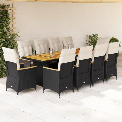 Ziaphsol Ensemble bistro de jardin 11 pièces en polyrotin noir, fauteuil de relaxation réglable, table en bois d'acacia résistant aux UV, avec coussins blanc crème pour terrasse, balcon et jardin