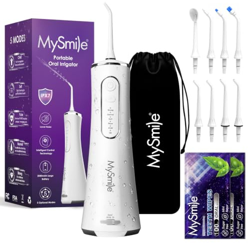 MySmile LP211 Water Flosser Cordless for Teeth, 5 Modes Portable Oral Irrigator, 260ML Water Dental Picks for Sensitive Teeth Cleaning, IPX7 Travel Rechargeable Water Flossing &2 Teeth Wipes