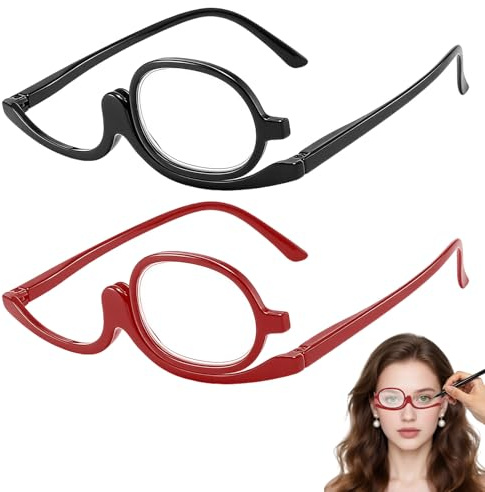 2 Pcs Magnifying Makeup Glasses,Makeup Reading Glasses (+2.50, +3.50) Magnifying Make up Glasses,Magnifying Cosmetic Readers for Women With 180°Rotatable Flip-Down Magnifying Single Lens(Black,Red)