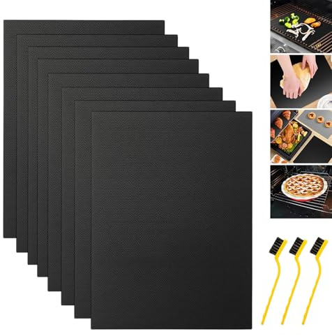 8 Stück Dauerbackfolie für Backofen, 40x33 cm Backfolie Wiederverwendbar Backpapier mit 3 Stück Bürsten Antihaft Ofeneinlagen Dauerbackmatte Grillmatten für Holzkohle Grills Öfen Gas