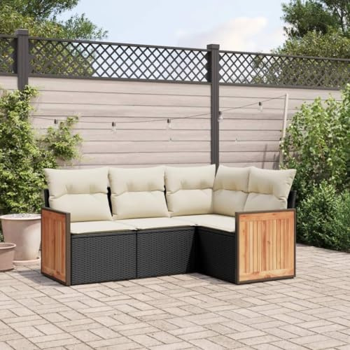 LoogCape Ensemble de 4 canapés de jardin en polyrotin noir avec coussins blancs crème - Groupe de sièges d'extérieur modulaire pour terrasse, balcon et jardin