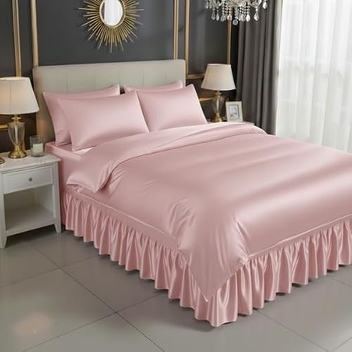 Luxury 4 PCS Satin Valance Sheet Set with Duvet Cover & 2 Matching Pillowcases | Smooth Satin Bed Skirt Fitted Sheet | Hotel Style Bedding Set | Single Double King Super King (BABY-PINK, KING)