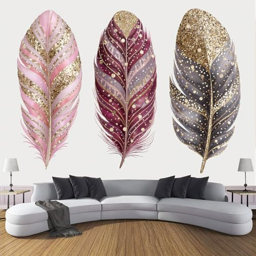 Carta Da Parati Panoramica Rosa 250 x 175 cm - Murales Stile Boemo tessuto non tessuto, Decor Carta da Parati Acquerello Piuma, per Soggiorno Cucina Corridoio Muro Di Sfondo