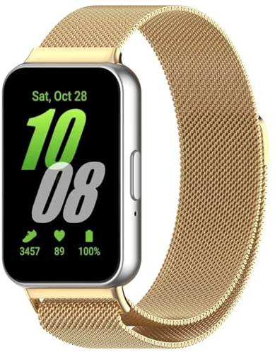 Koelaa Metallarmband kompatibelt med Samsung Galaxy Fit 3, andningsaktivt ersättningsarmband för dam och herr, vävt mesh metall urarmband med magnetlås - guld
