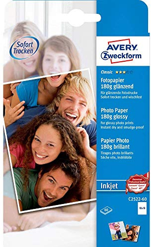 AVERY Zweckform C2522-60 Classic Inkjet Fotopapier (60 Blatt, 180 g/m², DIN A6 Papier, einseitig beschichtet, glänzend, weiß, zum Drucken von Fotos auf Tintenstrahldruckern, sofort trocknend)