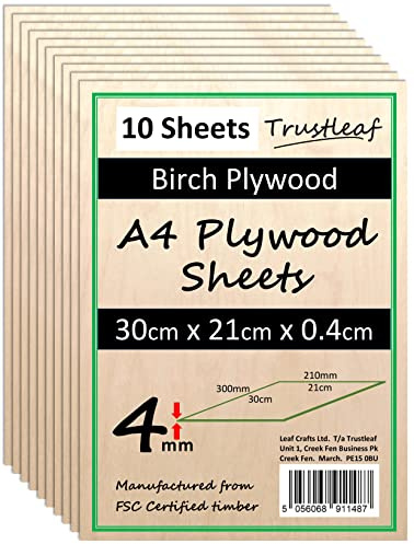Madera contrachapada de abedul A4 de 4 mm, 300 x 210 x 4 mm, 10 unidades, capa de pegamento E1 de bajo humo, láser