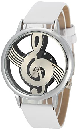 Dilwe Unisex Analog Quarzuhr, Musiknoten Design, Weißes Zifferblatt, PU-Armband, 3,8 cm Durchmesser, Hohldesign, Klassische Liebhaber Armbanduhr