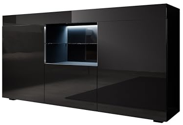 MB Muebles Bonitos, Buffet Sefora pour Salon et Salle à Manger avec Lumière LED, Meuble TV en Mélamine Brillante, Couleur Noir, 135x72x34 cm