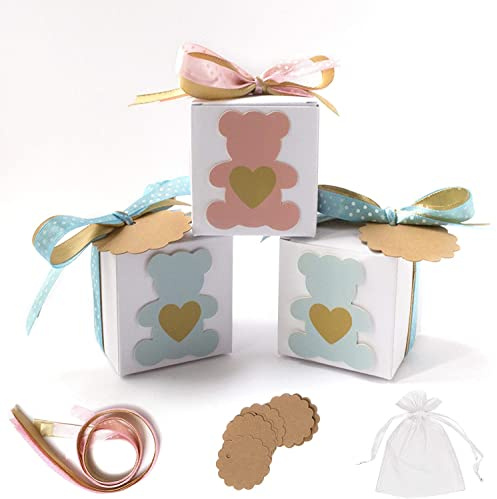 Stella Design Bomboniere Battesimo/Nascita, 48 Pezzi Bigliettini e Sacchetti, Orsetto Maschio/Bambina, Scatole Portaconfetti (Rosa)
