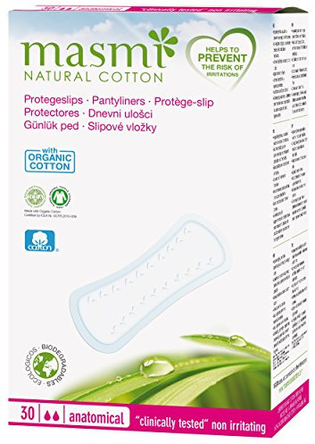 Masmi Pantyliner anatomico in cotone organico per scarico leggero, ipoallergenico, biodegradabile, privo di profumo, viscosa, rayon, cloro e diossine (30)