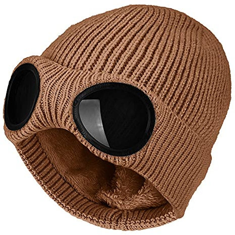 TecHong Knitted Goggles Beanie - Fleece Lined Winter Hat for Men Women