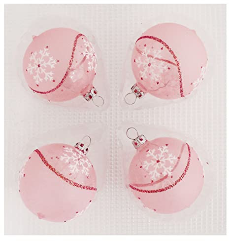Thüringer Glasdesign Weihnachtskugeln Rosa mit Schneeflocken, 4 Stück/Set, ca. 6 cm, Weihnachtsdeko