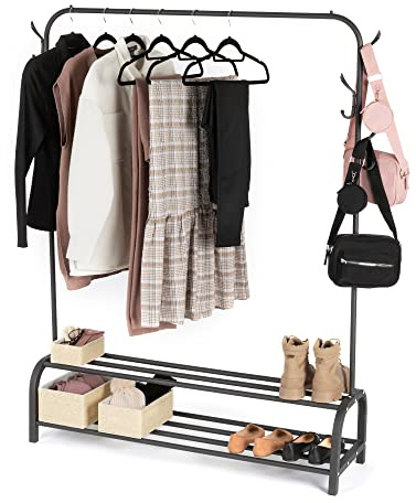 LIVIVO Freestanding Clothes Rail Garment Rack – Heavy Duty Black Metal Clothing Hanger with 2-Tier Shoe Shelf & Hooks – Matte Finish Drying Rack for Bedroom, Hallway, Laundry or Retail Use