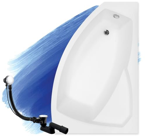 BADLAND Badewanne Original Weiß Acryl Wanne Eckbadewanne RIMA 140x90 Rechts KOMPLETTSET SET + Füßen und Exklusive Chrom Automatik Ablaufgarnitur Made in EU 3in1