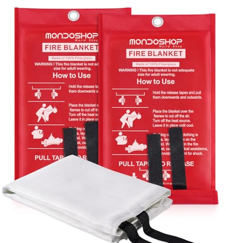 Mondoshop Fire Blankets Emergency for Kitchen Home, TUV Certified Soft Case Fiberglass Fire Retardant Blanket for School, Grill, Car, Office, Garage, Camping, Picnic, Motorhome, Van (2-Pack)