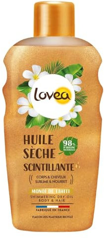 LOVEA - Huile Sèche Scintillante Corps & Cheveux - Monoï De Tahiti - Sublime, Nourrit et Illumine La Peau et Les Cheveux - 98% D'Origine Naturelle - Vegan - Fabriqué En France - 150 ml