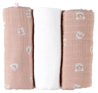 Noukie's - 3er-Pack Wickeltücher Mix & Match - Bio-Musselin - Ecru/Rosa - Katzenmotive