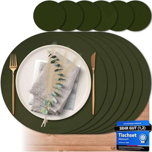 Mahewa® 6er Set Premium Tischset aus Kunstleder - Platzset abwaschbar und wasserdicht - Platzdeckchen Telleruntersetzer in Lederoptik (Kieferngrün, Rund)