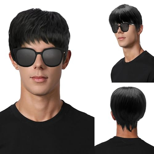 TSHAOUN Männer Schwarz Perücke Kurze Herrenperücke Gelockte, Herren Boyband Perücke Kostüm Pony Natürliche Kurze Perücken mit Sonnenbrille, 70er 80er Disco Täglich Halloween Karneval (Schwarz)