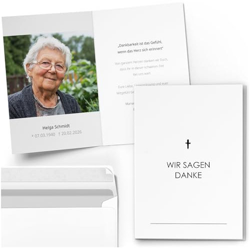 10 PERSONALISIERTE Trauer Danksagungen Dankeskarten mit eigenem Text und Foto | Individuell anpassbare Danke Trauerkarten mit Briefumschlägen | Karten Kirchlich Kreuz 1