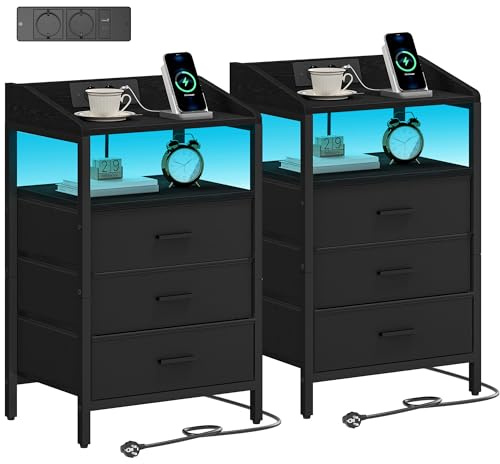 Hzuaneri Sängbord med LED-lampor och laddningsstation, gavelbord med 3 förvaringslådor och hyllor i tyg, sidobord med USB-portar och eluttag, nattduksbord för sovrum (Svart, 2er Set)