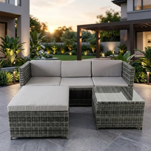 Alivio 4 Seater Rattan Corner Sofa Set, 3 Piece PE Rattan Garden Furniture Set with Coffee Table & Anti-UV Cushions for Indoor Outdoor Patio (Grey)