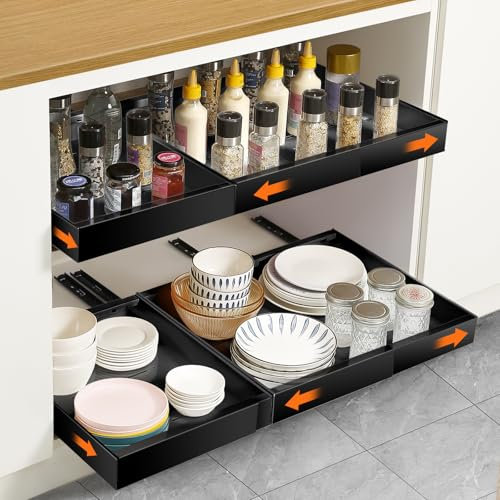 NAYAHOSE 2 Stück Teleskopschublade, Ausziehbarer Schrank Organizer, Breite Verstellbar (32–48cm) Kohlenstoffstahl Ausziehbare Schublade Küche, Ausziehbare Schrank Organizer (Schwarz)