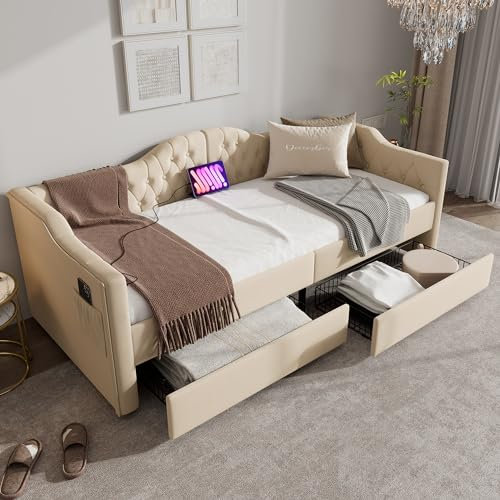 Rtopsu Polsterbett Kinderbett 90x200 cm mit USB-Type-C, Schlafsofa Tagesbett mit 2 Stauraum Schubladen, Sofabett Jugendbett Bettgestell mit Lattenrost aus Holz, Samt, Beige, Ohne Matratze