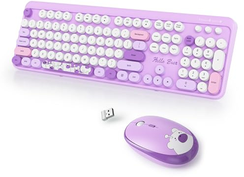 SbocKeeb Niedlich Purple Kabellose Tastatur und Maus, Amerikanisch QWERTY,104 Schreibmaschinentastatur in Voller Größe mit Nummernblock,2.4 GHz mit Retro Runden Tastenkappen für PC,Bear Purple