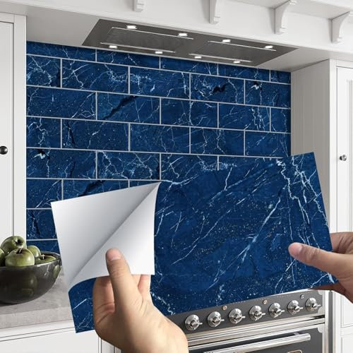 ANHUIB 16 adesivi a forma di piastrelle blu, per bagno, cucina, 10 × 20 cm, per piastrelle, autoadesivi, in vinile, per piastrelle, blu, da parete, in PVC, autoadesivi, per piastrelle