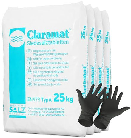 Claramat Siedesalz Tabletten 4 x 25kg (100kg) Siedesalztabletten Regeneriersalz Enthärtersalz inklusiv 1 Paar ARNOMED Einweghandschuh
