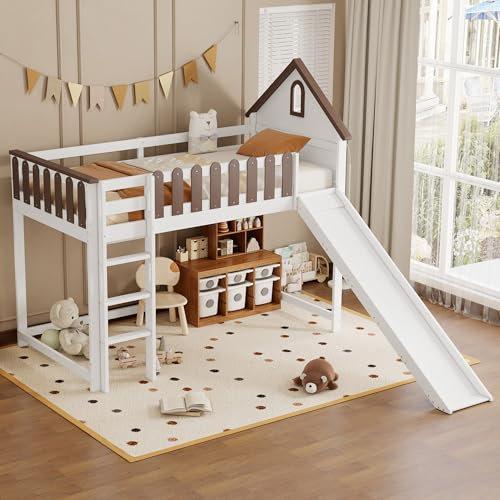 WIZBED Hochbett 90x200cm mit Rutsche und Leiter, Kinderbett Etagenbett mit Dach und Fenster, Jugendbett, Stockbett, Kiefer+MDF, Weiß+Walnuss, Ohne Matratze