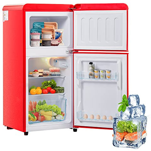 Retro-Kühlschrank. Gefrierkombination. 88,8 cm hoch, 45,5 cm breit, zweitürig, mit 60 Liter Gesamtvolumen, 22 Liter Gefriervolumen. 102 kWh/Jahr, -27°C ∽ 13°C, LED-Licht. Premiumrot Energieklasse E