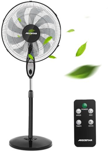 Aigostar Standventilator Leise mit 9 Flügel, 40cm Ventilator mit Fernbedienung, 80° Oszillation, 7,5H Timer, Höhenverstellbar Lufter, Winkelverstellbar, 3 Modi, 3 Geschwindigkeiten, 60W, Schwarz