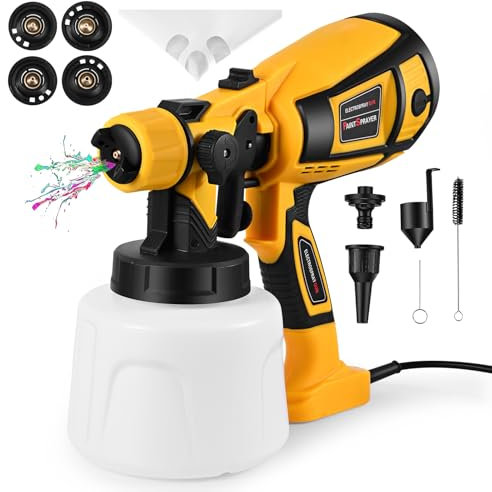 MINENICE Pistola per Verniciare, 650W HVLP Pistola a Spruzzo Elettrica 1400ml Verniciatore Spray per Verniciare con 4 Ugelli e 3 Pattern Per Vernici & Pareti & Interni ed Esterni, giallo