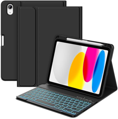 MMK Keyboard Case for iPad A16 11th Gen 2025 / 10th Gen 2022 (11/10.9 inch) | Case with Keyboard Detachable Wireless Bluetooth with 7 Color Backlight, Pencil Holder, Multi-Angle, UK Layout, Black