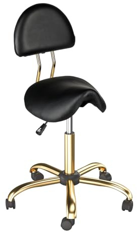 Bonnlo Sattelhocker mit Lehne Abnehmbar, Sattelhocker mit Rollen 360°, Rollhocker Höhenverstellbar 48-63cm, Bürohocker Ergonomisch 180 KG Tragbar für Salon/Büro/Bar PU (Schwarz-Gold, 40x34x91 cm)