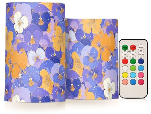 KLL Flores abstractas naranja púrpura pensamientos decorativos parpadeantes velas eléctricas luces electrónicas sin fuego con temporizador para cena, cena, baterías para